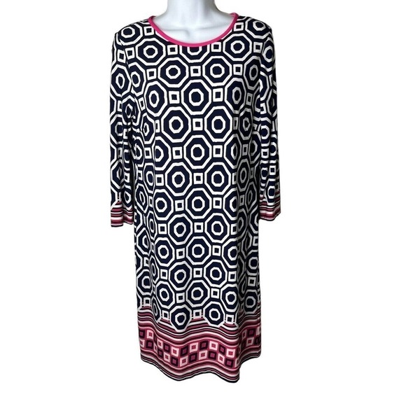 Eliza J Women's Size 8 Shift Sheath Dress Geometric Print Lined Black White Pink - Picture 2 of 10